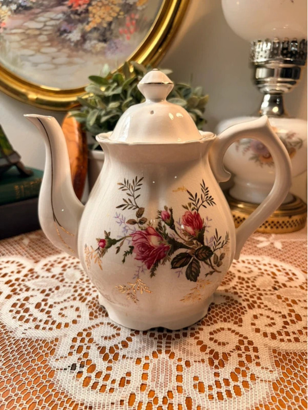 Vintage Floral Ceramic Teapot Pink Roses Gold Trim Cottagecore 7.5”